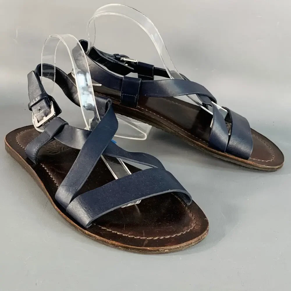 SALVATORE FERRAGAMO Size 8 Navy Brown Leather Strappy Sandals
